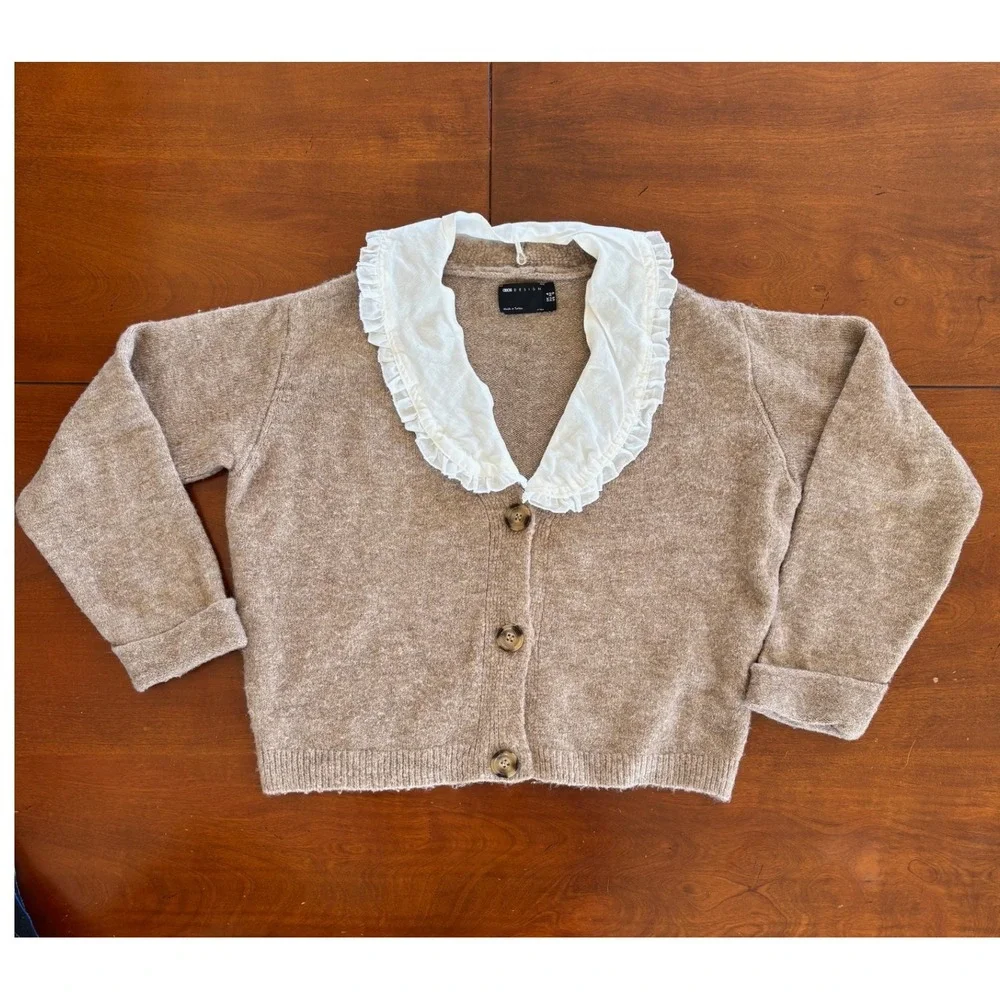 ASOS DESIGN Womens Brown Knit Cardigan Ruffle Collar‎ Sweater Oversized XS - Picture 4 of 15